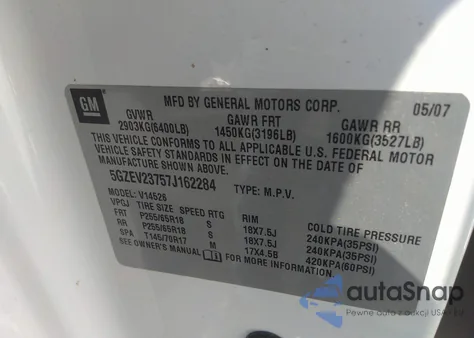 2007 Saturn Outlook Xr from USA, damaged, VIN 5GZEV23757J162284